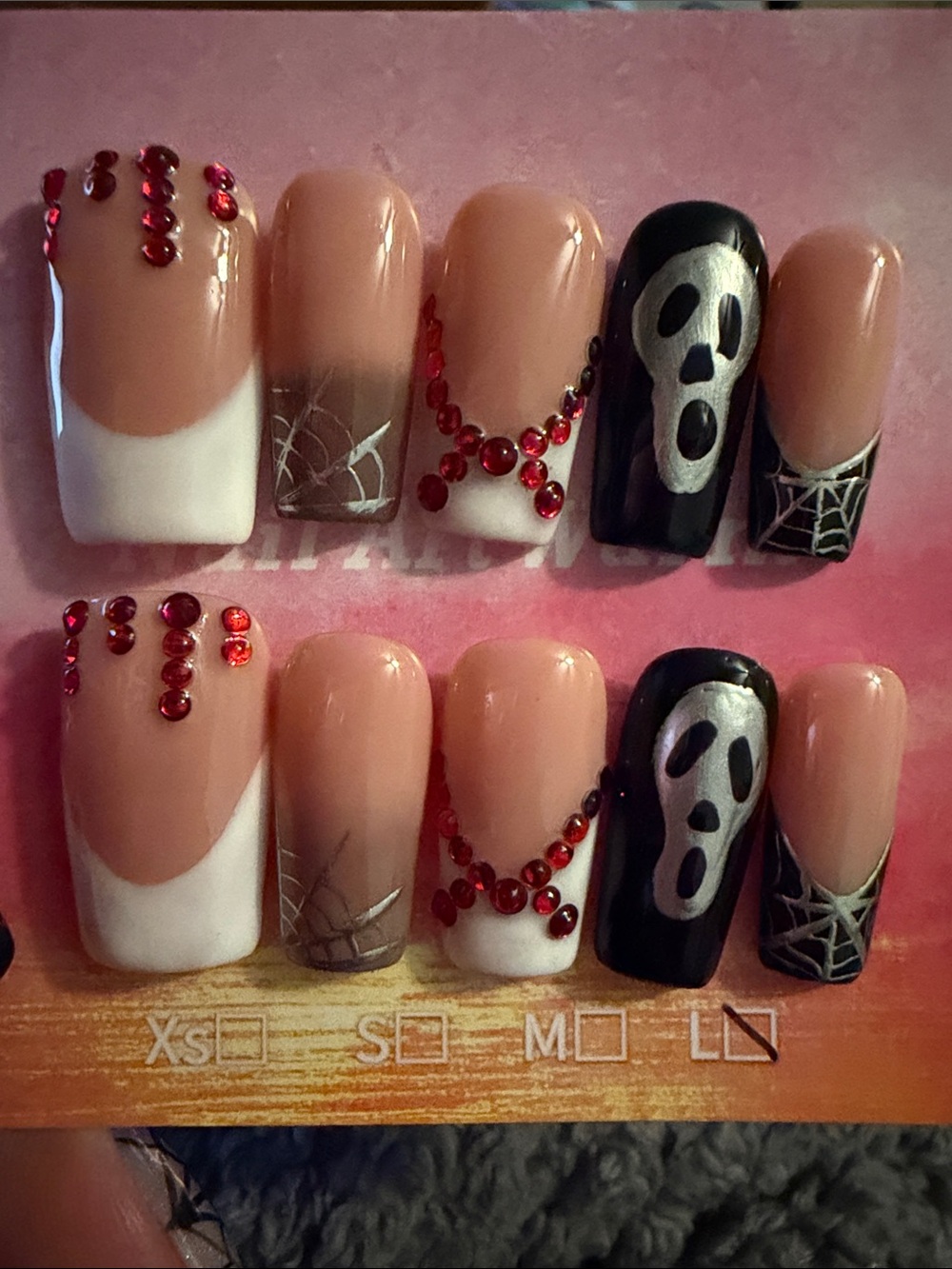 Ghost face Scream handmade Acrylic Press-On Nails with Red Rhinestones